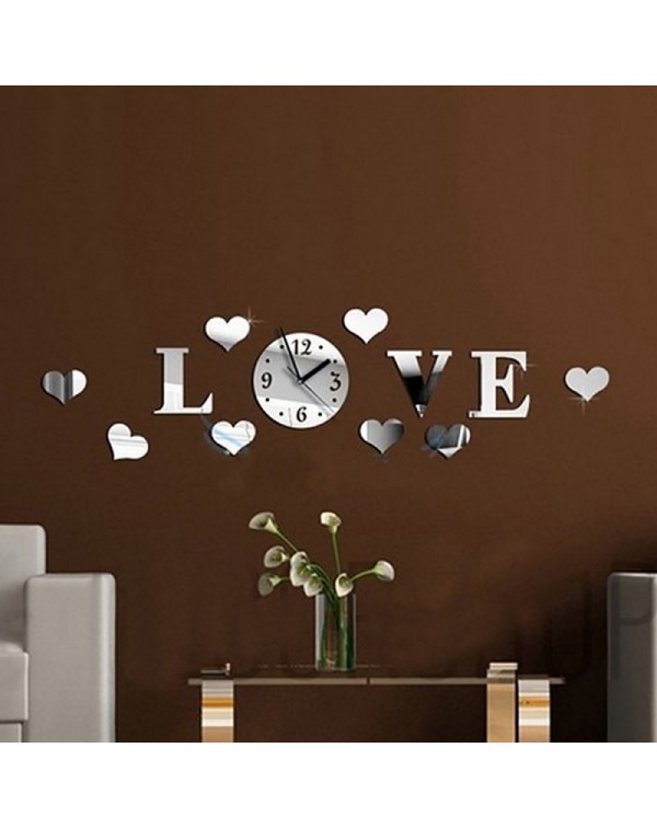 Heart  Love Pattern DIY Luxury Wall Art Acrylic Clock Mirror Stickers for Home Decoration Silver