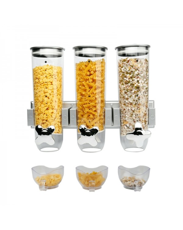Wall Mounted Triple Cereal Dispenser Dry Food Storage Container - Silver